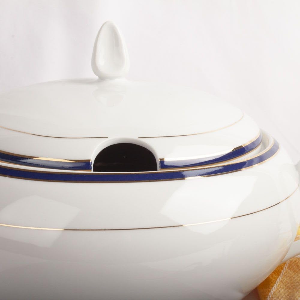 Sopera de porcelana blanca (X l) Sonata, 1 tapa de porcelana, filo de oro, azul cobalto