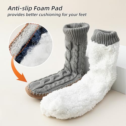 Slipper Socks for Women Grippers, Black Thick Lined Knit Slipper Sock With Sole Non Skid Bottom, Indoor House Fuzzy Slipper Sock for Hospital Floor, Christmas Slipper Socks for Family, Large Size 9-114