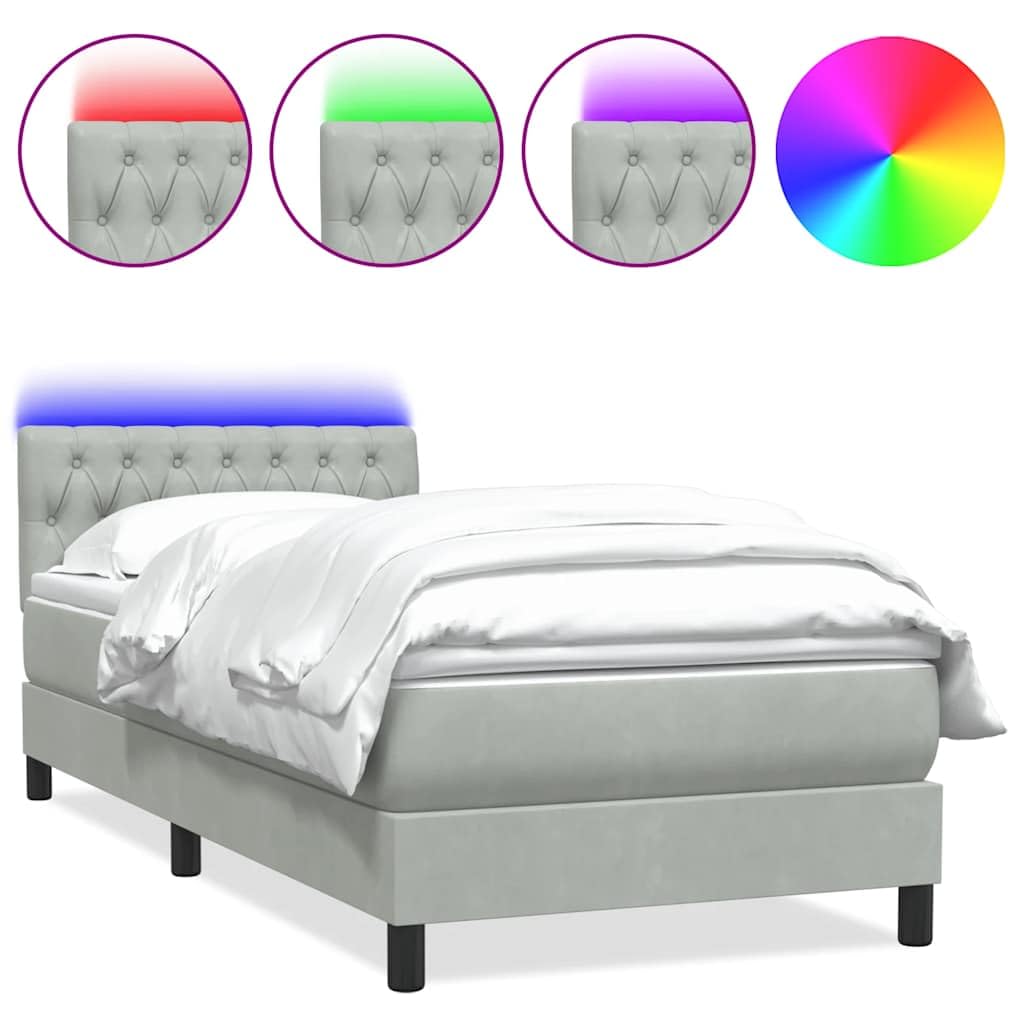 Aksamitny z materacem kieszeniowym do sypialni z LED Szary 80x210 cm | Łóżko kontynentalne 80x210 z materacem sprężynowym, topperem i oświetleniem LED, aksamitne, jasnoszare, z regulowanym