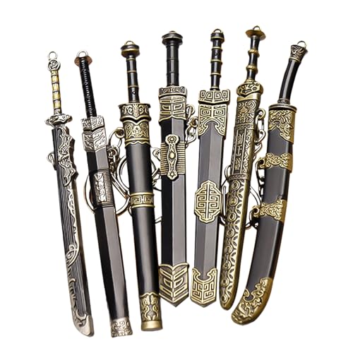JNAWA 7Pieces Ancient Sword Keychain Model Key Chain Chinese Style Weapon Sword Decorative Pattern Keychain Pendant Charm for Men Women Bag Gift