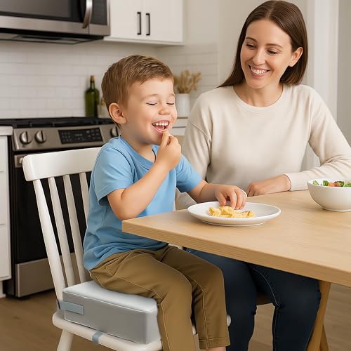 Image of Eiury Booster Seat for Kitchen Chair, Toddler Booster Seat for Dining Table, Waterproof PU Leather Kids Seat Cushion with Adjustable Straps, Non-Slip Bottom, Wipeable Seat Pad,Light Gray