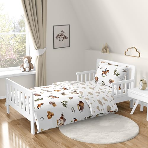 Image of Sweet Jojo Designs Western Cowboy Boy Toddler Bedding Set Kid Children 5p Bed in a Bag Comforter Blanket Pillowcase Sham Sheets Wild West Cow Print Southern Charm Country South Horse Steer Farm Animal