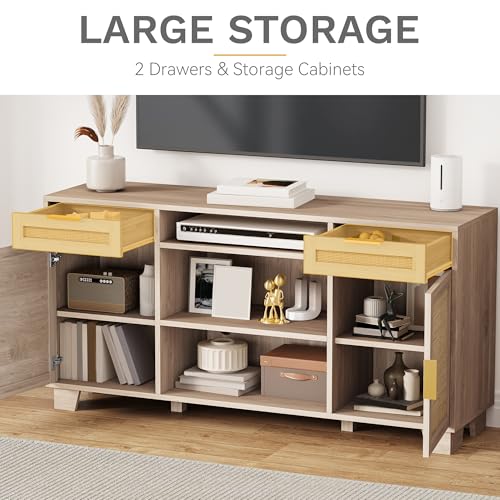 DWVO TV Stand for TVs up to 65 Inch, Entertainment Center with Storage, Boho TV Media Console with 2 Drawers, Rattan Door Cabinets, Adjustable Shelf for Living Room (Natural Oak)