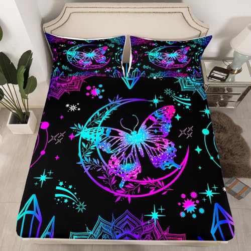 Colorful Butterfly Fitted Sheet Twin Size,Gradient Moon Exotic Mandala Bedding Sets for Kids Teens Adults,Dreamy Moth Cartoon Stars Bed Cover with 1 Pillowcase(No Flat Sheet)