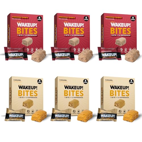 Image of WAKE UP! Caffeinated Protein Bites - VALUE PACK - 6 Cartons (48 Bites) 3 Caramel & 3 Cinnamon Crunch Proprietary Blend with 175mg Caffeine (1 Bite = 1.5 Espressos) Boosts Focus & Clarity - Gluten-Free, Vegetarian, Kosher