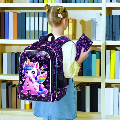 Image of CCJPX 3Pcs Unicorn Backpack, 16 inch Girls Bookbag with Lunch Box, Kids Water Resistant Elementary School Bag for Kindergarten Preschool Toddler (Black)