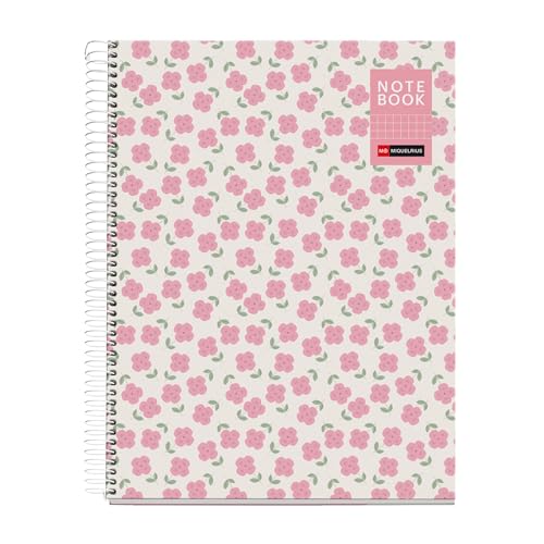 Miquelrius   Cuaderno A4 cuadriculado 5x5 mm, Tapa dura de cartón plastificado, 80 hojas microperforadas, Papel extra opaco 90 g/m², Espiral metálico, 4 taladros para archivar, Rosa