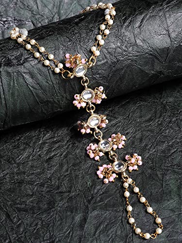 Image of Karatcart Gold Plated Baby Pink Pearl Chain Kundan Hathphool