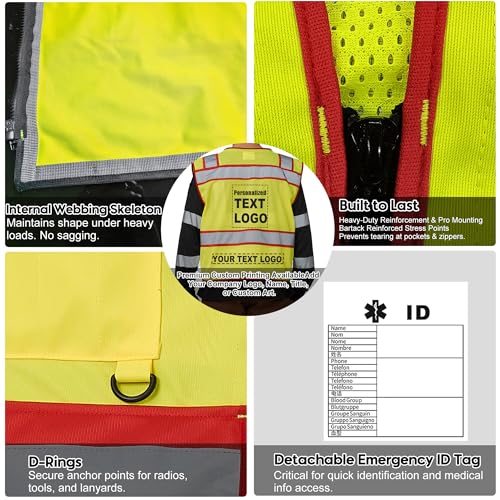 Image of High Vis Reflective Safety Vest for Men Women Zipper Ipad Pockets Mesh Construction Apparel Neon Vest for Work