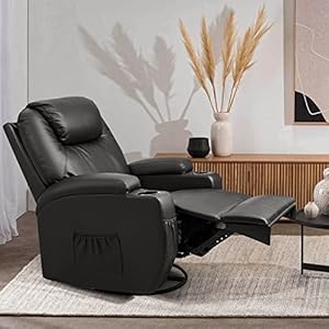 Furniwell rocker recliner chair with massage for elderly leather adjustable 360swivel rocking sofa for living room with remote control cup holders black  urban country home decor