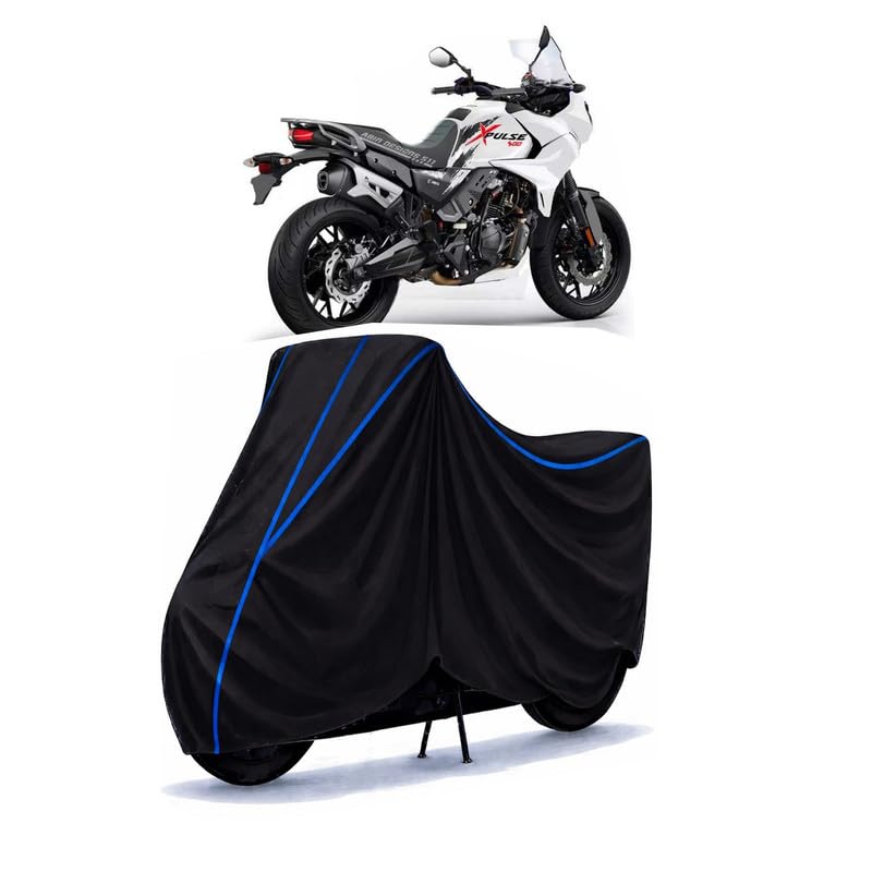 Image of Hero XPulse 400 4V Bike Cover Water Resistant Universal Motorcycle Rain | Heavy Duty UV Protection, Dust, Scratch Indoor Outdoor All Weather with Black Blue Piping Elastic