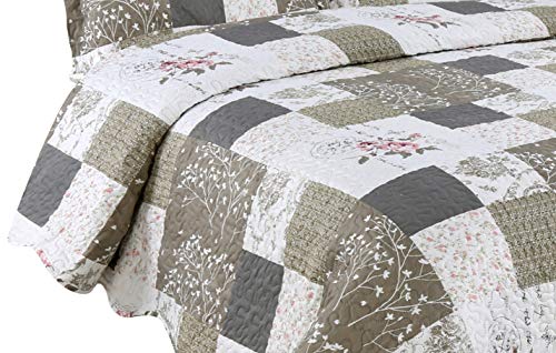 Marina Decoration Rich Printed Embossed Pinsonic Coverlet Bedspread Ultra Soft 3 Piece Summer Quilt Set With 2 Quilted Shams, Rose Floral And Branch Plaid Pattern Taupe Grey Color Queen/Full Size #TOP3
