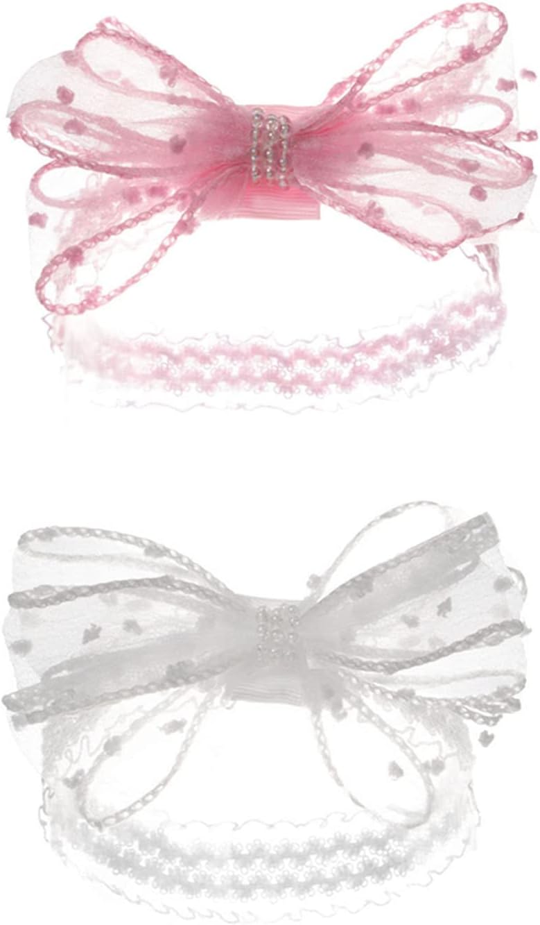 Baby Girls Lace Headband Bow Hairbands With Organza Pearl Bow Headbands White & Pink HB98