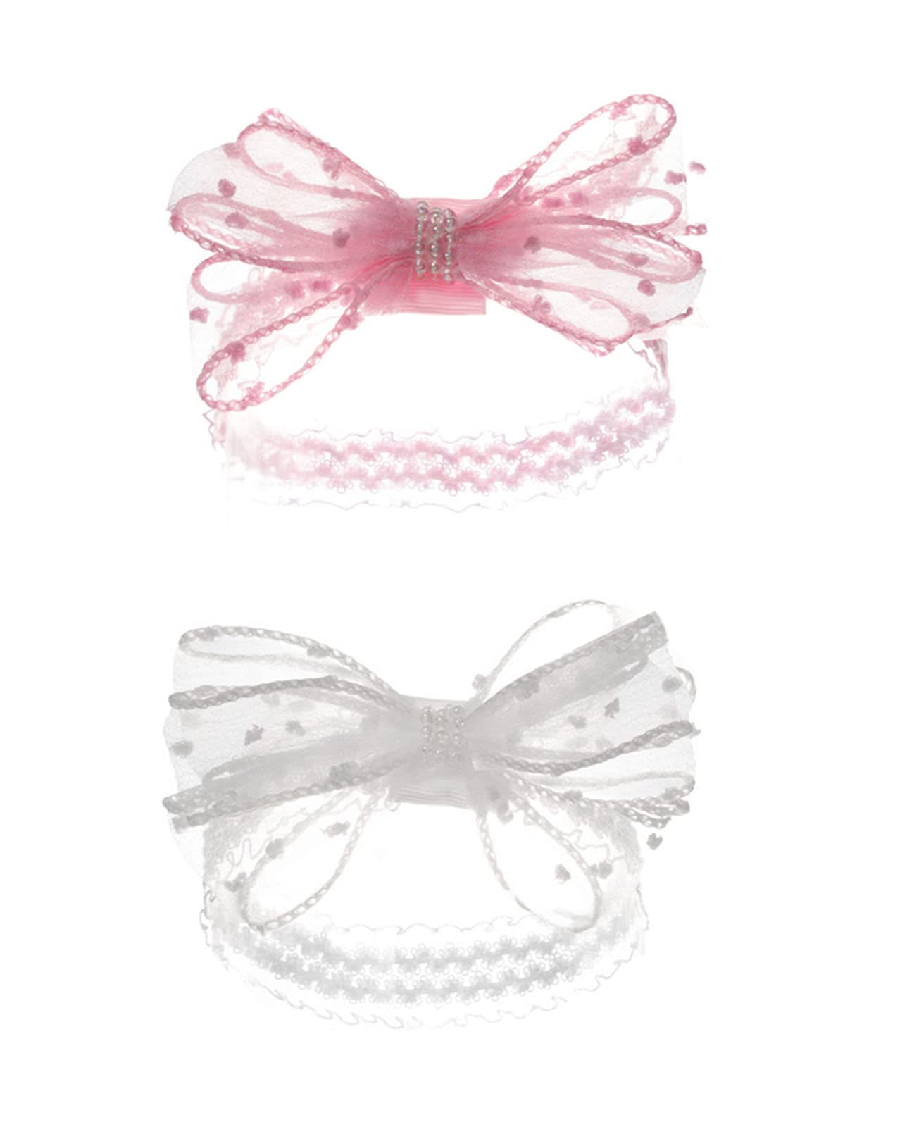 Baby Girls Lace Headband Bow Hairbands With Organza Pearl Bow Headbands White & Pink HB98