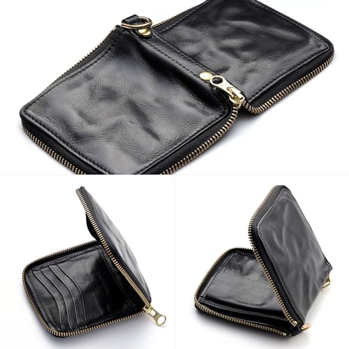 IJUN Handmade Vintage Men’s Bifold Zipper Wallet - Full Grain Oil Vegetable Tanned Cowhide Leather (Black)2