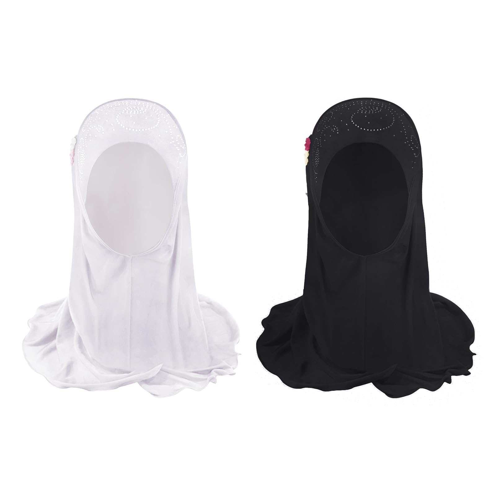 Ylucky Girls Muslim Hijab Floral Lace Head Scarf Kids Islamic Arab Scarf Shawls Head Wrap with Flowers (black+white-floral 2PCS)