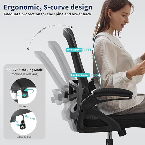 Image of Ergonomic Office Chair, Desk Chair with Adjustable Lumbar Support, Breathable Mesh Comfy Computer Chairs with Flip-up Armrests Executive Task Chair for Adults Home Office (4Pcs)