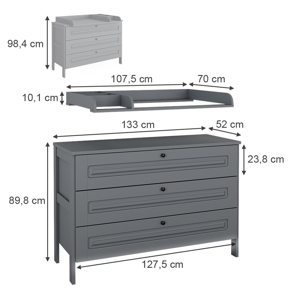Vitalispa przewijak "Ajaton", Szary, 133 x 98.4 cm | z 3 szufladami, convient aux matelas à langer standards jusqu'à 85 cm