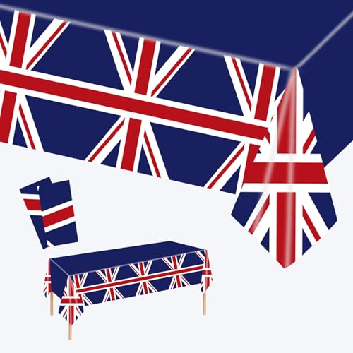 2Pcs Union Jack Party Decorations Tablecloths 137*274cm Union Jack Table Cloth Plastic Tablecover United Kingdom Tablecloth Britain Table Cloth for for 80 Years Victory In Europe WW2 1945-2025 Decor