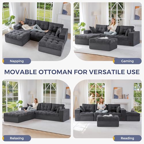 Image of MAXYOYO 104 inch U Shaped Modular Sectional Sofa with 2 Ottomans, Cloud Boneless Couch with Layered Cushion, Flexible Module Combination Sofa for Living Room, No Assembly Required, Dark Grey