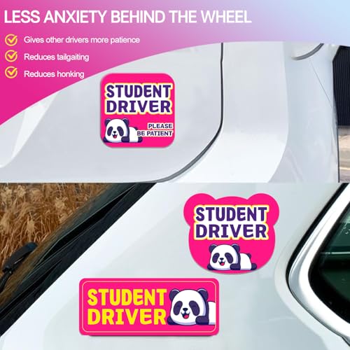 Image of Student Driver Please Be Patient Car Magnet, Rose Panda Cute Shape, Patient with Reflective Magnetic Bumper Sticker Set Detachable, Novice Safety Signs.Set of 3