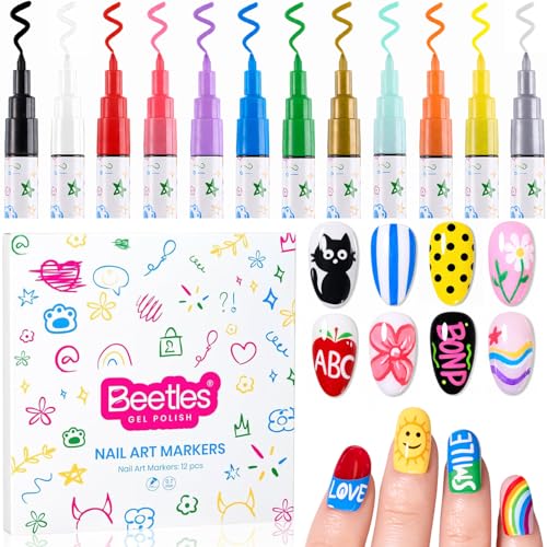 Image of Beetles 12 Colors Nail Art Pens, 0.7MM Painting Nail Polish Pens Quick Air Drying Acrylic Paint Markers for Nails Art Design Dotting Liner Brush, DIY Home & Salon Manicure Tools