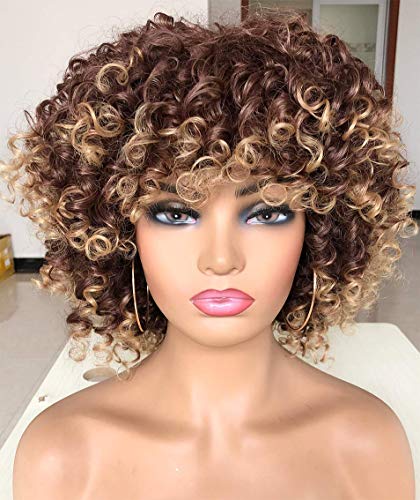 Short Curly Afro Wigs for Black Women Afro Kinky Curly Hair Wig with Bangs Synthetic Soft Heat Resistant Full Curly Wigs