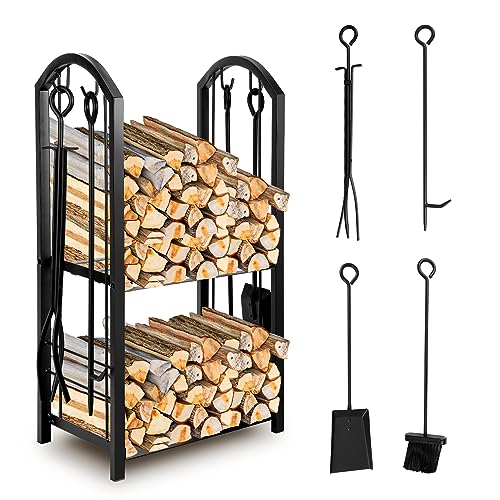 Daromigo Estantería para leña de chimenea, 37 x 33 x 74 cm, 2 niveles, con 4 herramientas para chimenea, ayuda para apilamiento de madera, para interior y exterior
