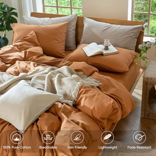 Image of MooMee Duvet Cover Set 100% Washed Cotton Linen Like Queen | Relaxed Linen-like Texture. Soft, Breathable & Long-lasting Comfort. Lightweight. Hidden Zipper with 8 Interior Corner Ties