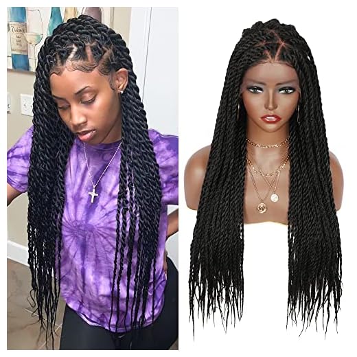 Alebery 13x5 Lace Front Triangle Knotless Senegal Braided Wigs for Black Women Senegalese Braids Lace Wig with Baby Hair Lightweight Synthetic Lace Frontal Black Twisted Braided Wig (30 inch)