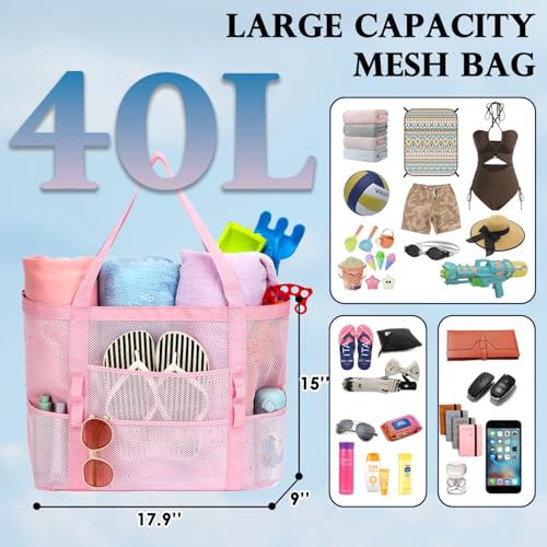 Image of Fammart Mesh Beach Bag for Women, Large Beach Toy Pool Bag with Zipper Pocket, SandProof Cruise Essentials 2026 Family Travel
