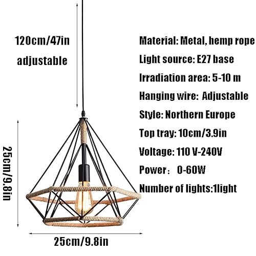 Lustre industriel en fer forgé et corde de chanvre tressée main E27