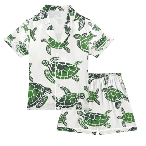 senya Green Sea Turtles Satin Summer Pajama Sets Silk Short Sleeve Button Down Sleepwear