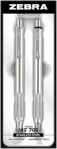 Zebra Pen MF 701 - Juego de lápices mecánicos y bolígrafos de acero inoxidable, punta fina, plomo HB y tinta negra, juego de regalo de 2 unidades