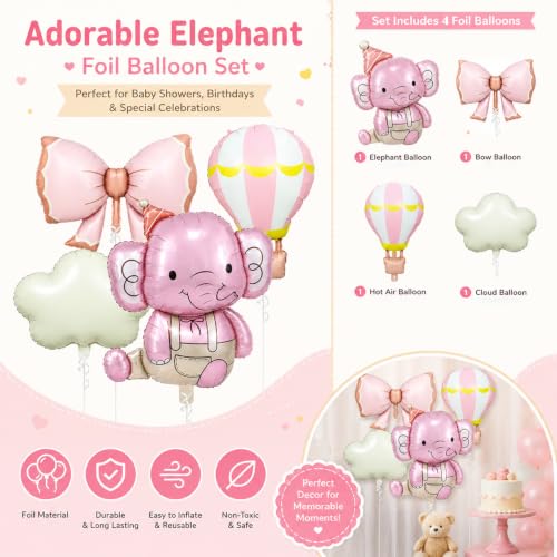 Image of Rozi Decoration Pink Elephant Foil Balloon Set for Kids Birthday Decorations, 4 Pcs Elephant, Bow, Hot Air Balloon & Cloud Foil Balloons for First Birthday, Naming Ceremony, Welcome Party Decor