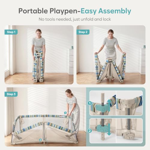 Image of Baby Playpen Portable, Pre-Assembled Play Pen 59x59 Large Foldable Playpen for Babies and Toddlers, Sturdy and Safe Toddler Play Yard Indoor Outdoor with Carry Bag, Light Khaki-Stripe