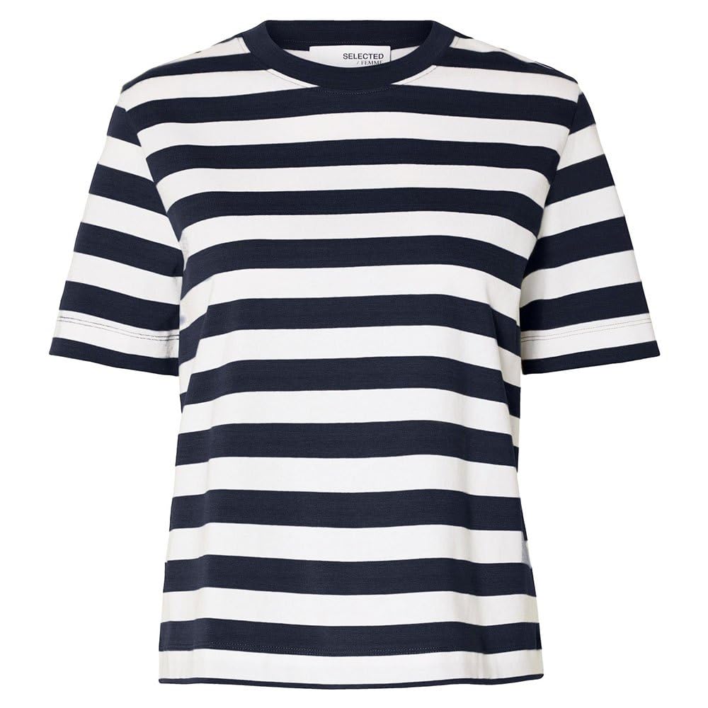 SELECTED FEMME Womens Slfessential Striped Boxy Tee Noos T-Shirt, Dark Sapphire, XL UK