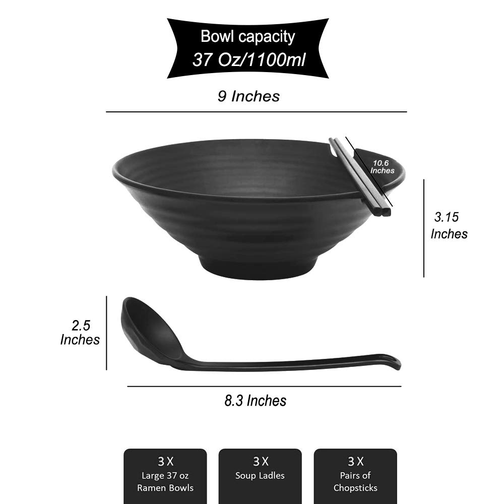 Genérico Juego de 3 tazones japoneses para Sopa de Fideos Ramen de 37 onzas, de melamina, de plástico Duro, con Cuchara y Palillos a Juego para tazones de Fideos asiáticos Udon Soba Pho y Cereales.