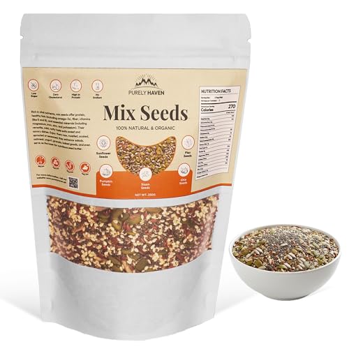 Purely Haven Organic Mix Seeds – 250g | High Fiber, Plant Protein &amp; Omega‑3 Superfood | Flax, Chia, Pumpkin, Sunflower &amp; Sesame Seeds | Non‑GMO • Gluten‑Free • Raw Nutrition- super seeds chia flax &amp; hemp