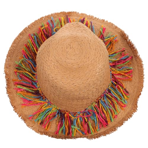 Sombrero grande de paja caqui con borlas coloridas para mujer miniatura 1