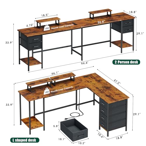 66" L Shaped Computer Desk with Power Outlets, Home Office Desk with 4 Adjustable Storage Drawers & 2 Monitor Stands, Large Two Person Gaming Table for Writing Study, Rustic Brown