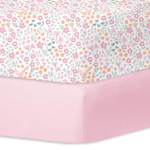 Image of Little Grape Land Crib Sheets 2 Pack, Microfiber Fitted Crib Sheet for Standard Crib Mattress 52"x28"x8", Soft and Neutral Baby Crib Sheets for Boys and Girls, Breathable & Easy Care, Petal Meadow