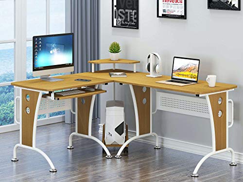 Gran Mesa Escritorio de Esquina con Bandeja de Teclado y Carretilla de CPU para la Oficina en Casa Efecto Roble PC 21o