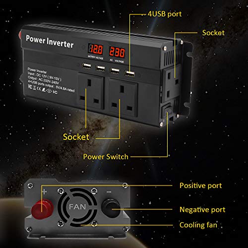 Power Inverter 2000w Peak Dc 12v To 230v 240v Ac Car Converter 12v Inverter With 12v Cigarette Lighter With 4 8a 4 Usb 3 Uk Sockets Car Adapter With Lcd Display 800w Car Inverter