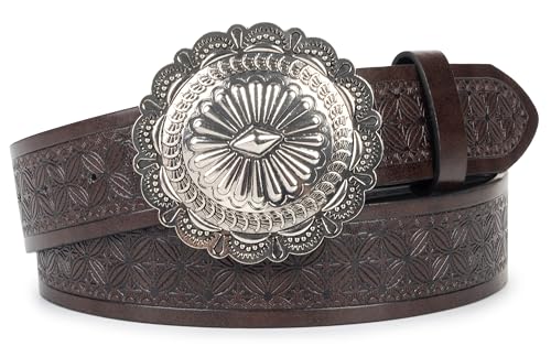 KorhLeoh Western-Belt Vintage Floral-Embossed-Leather-Belt Silver-Round Buckle Engraved Cowboy-Cowgirl Belt for Men Women
