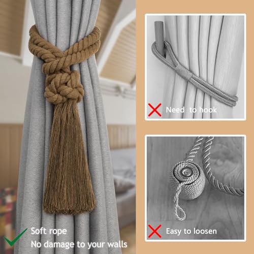 Pretty Jolly 4 Pack Natural Cotton Rope Tassel Curtain Tiebacks Boho Home Decor Drape Tie Backs Hand Woven Ball Curtain Holdbacks for Thin & Thick Home & Office Window Draperies (Khaki) - Image 2