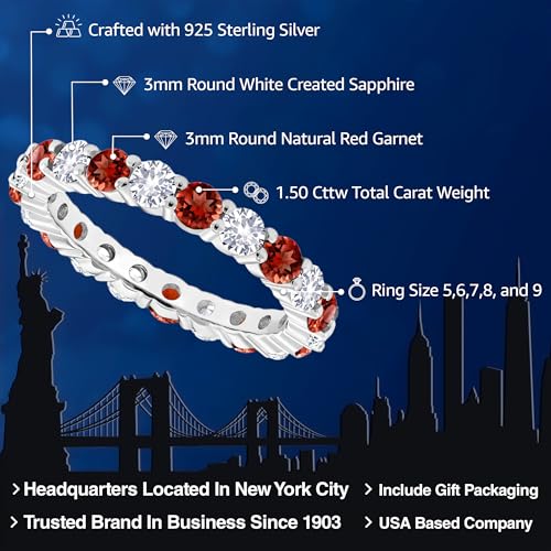 Gem Stone King 1.50 Cttw Red Garnet and White Created Sapphire Eternity Band Ring For Women | 925 Sterling Silver | Gemstone Birthstone | Available In Size 5, 6, 7, 8, 92