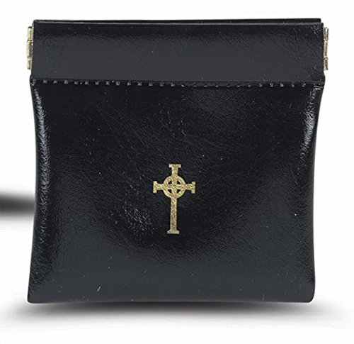 Catholic Rosary Case Black Vinyl Squeeze with Gold Stamped Cross Design, 3 3/4 Inch