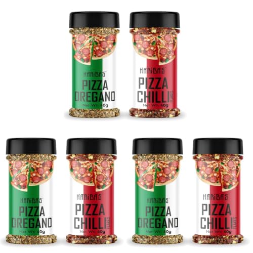Image of HARIBAS Italian Combo Oregano 40gm and Chilli Flakes 40gm Sprinkler | Flakes /Leaves | Combo Pack of 6 | Italian Herbs Seasoning Masala Powder