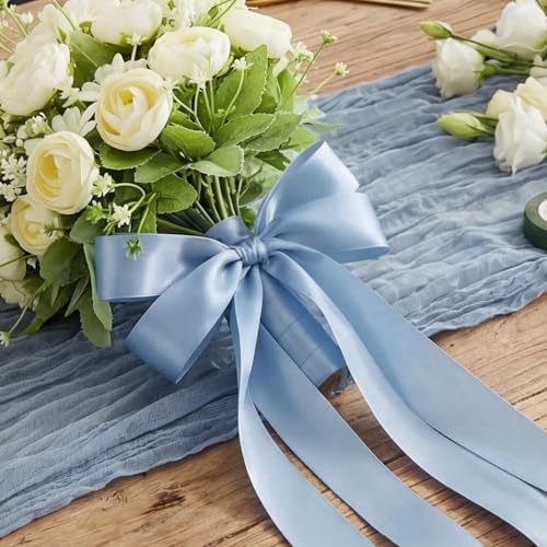 Image of woric Dusty Blue Satin Ribbon 1 Inch 50 Yards Light Baby Blue Ribbon | Gift Wrapping Bows Holiday Decor Sewing Corset Lacing Hair Bows Gift Basket DIY Crafts